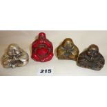 Four miniature seated Buddhas, inc. bronze and Miao silver examples