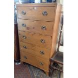 Victorian stripped pine tallboy chest of five drawers on bracket feet, 53" tall x 30" wide