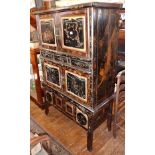 Chinese lacquered and gilded decorated cabinet having four cupboard doors with calligraphy, three