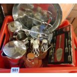 Assorted stainless steel items, inc. Two Worlds Party set, etc.
