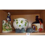 Staffordshire figure of a Scotsman, pony and dogs, an empty Pussers rum flagon, a jardiniere, etc.