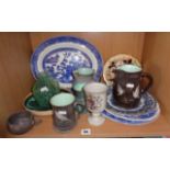 Assorted Fishley Holland Art Pottery (some A/F), blue and white plates, glass vase, etc.