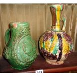 Ottoman Chanakkale polychrome pottery ewer, 27cms and an unusual later green glazed similar with