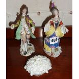 Two Continental figures marked with the gold anchor for Chelsea, and a small porcelain lidded pot (