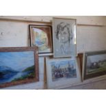 Five various paintings, inc. watercolour of a church signed H.W. Colby