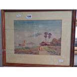 Watercolour of a Burmese river scene with figures, signed M. Thein