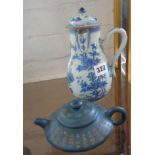 19th c. Chinese blue and white lidded water jug (A/F), and Chinese teapot with calligraphy