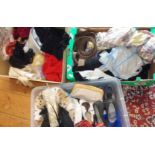 Three boxes of assorted vintage handbags, scarves, shoes and fabrics