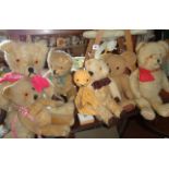 Seven various plush Teddy Bears including Chad Valley, a 'Growler' and a Sooty hand puppet and two