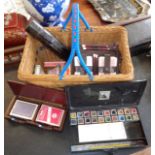 Reeves Student's colour paint box No. 61a, artist's paintbrush tin, playing cards in boxes and