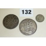 Silver Coins: 1887 Double Florin, 1893 Victoria Crown, 1934 New Zealand Sixpence