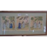 Three framed Chinese watercolours on silk of figures