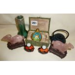 Pair of carved Chinese rose quartz rams, Cameo glass snuff bottles, Art Nouveau vase with