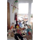 Large collection of vintage soft toys including Merrythoughts Parrot on a Perch, Mickey Mouse, a