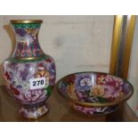 A Chinese Cloisonné vase with matching bowl