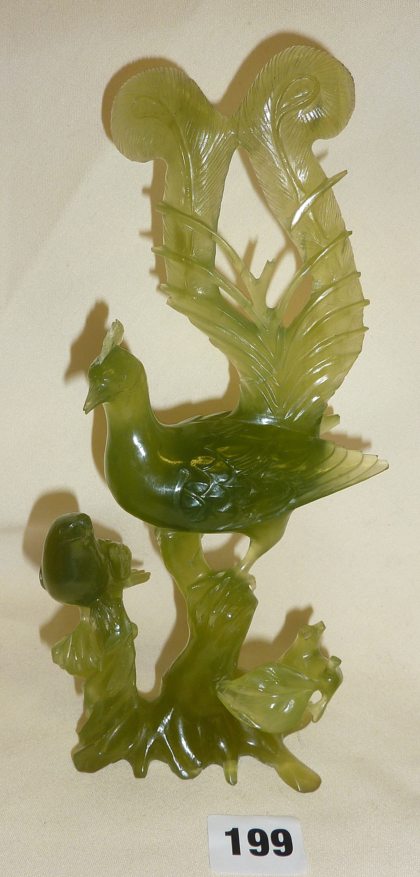 Jade lyre bird or peacock and sparrow carving approx. 24cm high