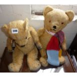 Two vintage Teddy Bears (inc. Chiltern) and a Victorian folding mahogany knitting basket stand