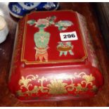 Chinese red lacquer box with inset ceramic cartouches