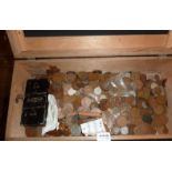 Large quantity of British and Foreign copper and other coins in a box, plus three trays, some bank