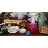 A Belleek pin tray, pair of purple carnival glass comports, a Price Kensington cottage ware teapot