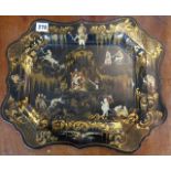 19th century French Toleware tray having Bacchanalian and humorous decoration of devils, imps,