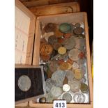 Assorted coins, buttons, studs etc. in a wooden box, inc. a 1971 Liberty Eisenhower Dollar in case