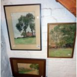 Four watercolour paintings of rural scenes, including a watercolour by D. Collins of trees, cows and