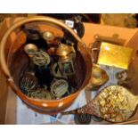 Collection of assorted brass, inc. horse brasses and a copper coal bucket, etc.