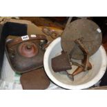 Square copper kettle, Salter balance, an old Swiss cow bell, "The Pocket Pimms outfit", etc