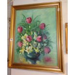 Gilt framed oil on board of a still life with flowers, signed Muriel WARD