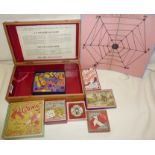 Antique boxed French games compendium and gaming chips or tokens, contained in a wooden box with