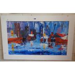 Acrylic painting on board of a brightly coloured impressionistic harbour scene, signed P. EARL