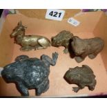 Five old metal animal figures, a bear, 3 frogs and a deer