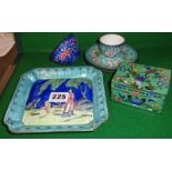 Chinese Cloisonné box, an enamel square dish and three others
