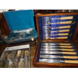 Cased set of fish knives, another similar, Viners stainless steel cased set of fisheaters and case