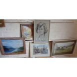 Five various paintings, including watercolour of a church signed H W COLBY