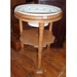 19thc. pine circular washstand on turned legs with two shelves and having Minton china washbowl