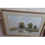 Watercolour landscape with river and trees by local artist Daphne Vulliamy