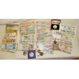 Large collection of mainly African Bank Notes, coins, medallions, 1964 Liberty coin money clip,