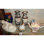 Royal Winton chintz teapot, pair of Chinese crackleware vases, Studio pottery lidded pot and three