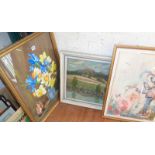 A still life with flowers and geisha girl doll, signed Matthews and two other pictures