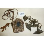 Ornate Tibetan pocket shrine, Indian filigree printing stamps on chain and a bronze tiger figurine