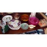 Pair of purple carnival glass comports, a Price Kensington cottage ware teapot on stand and other