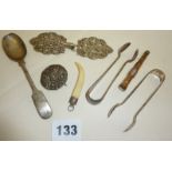 Hallmarked silver jewellery, sugar tongs x 2, silver spoon, Hardmuth cigar piercer and Art Nouveau