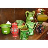 Collection of assorted green glazed terracotta and studio pots and vases, etc.