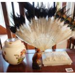 Antique Chinese bone and ivory painted peacock feather fan and Beswick "Beneagles" whisky miniature,