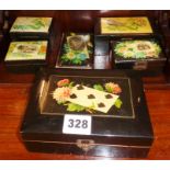 Five Victorian black lacquered and decorated souvenir boxes and a similar covered Common Prayer