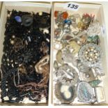 Two boxes containing antique and vintage silver jewellery etc and loose Victorian mourning beads