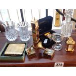 Miniature clocks, Stratton compact in box and scent bottle