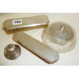 Engraved Art Deco silver vanity brushes, lidded vanity pot etc